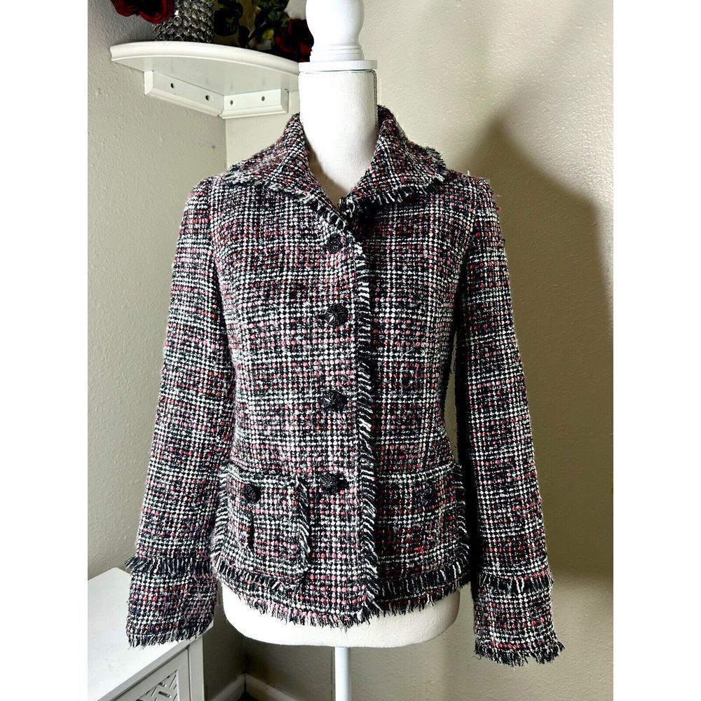 CHICO'S Black Pink Tweed Knit Fringe Blazer Jacket Size 0 Small 4 Trendy Classic